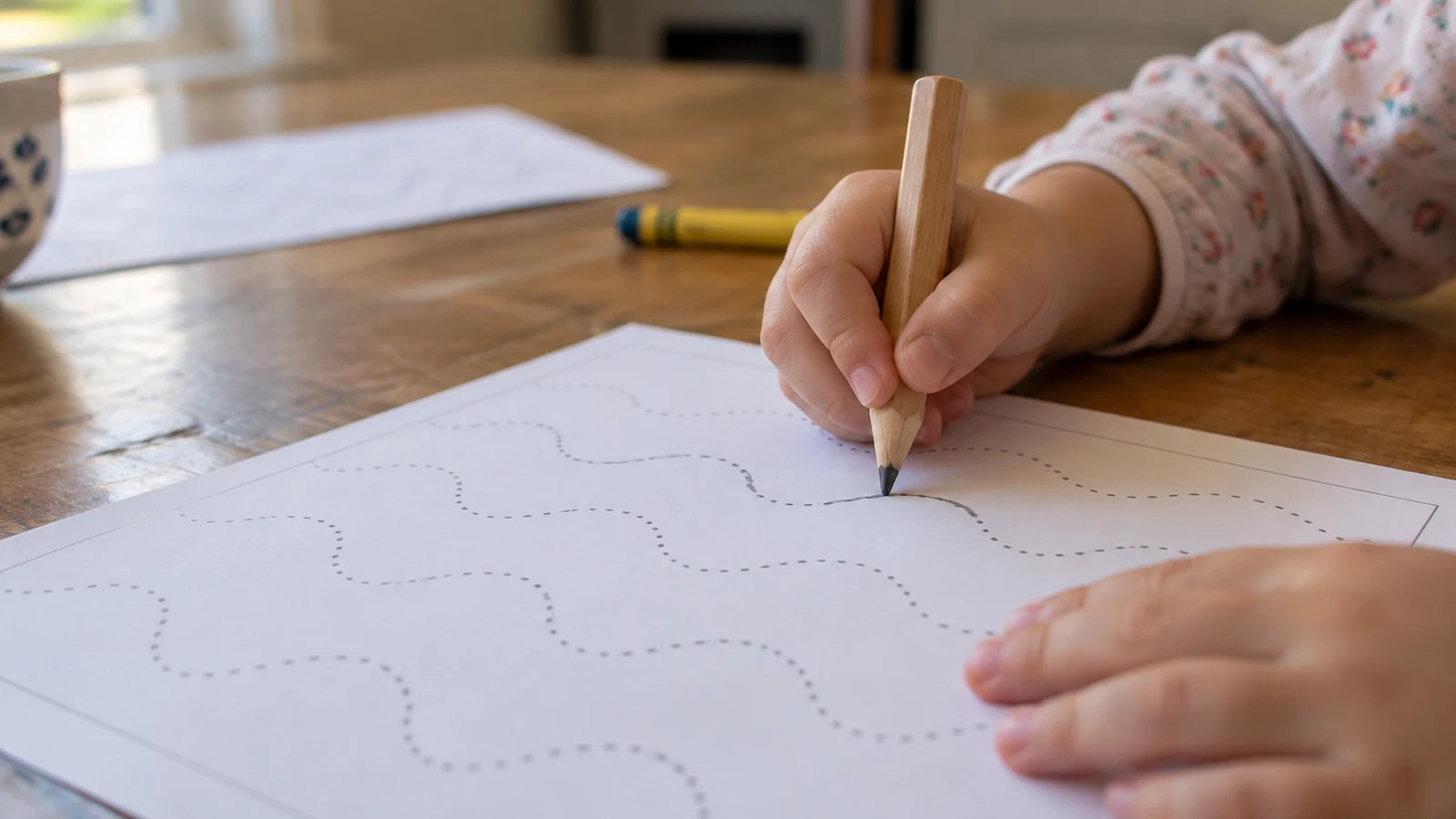 A preschool child traces a wavy dotted line on a printed tracing worksheet with a short pencil at a kitchen table.